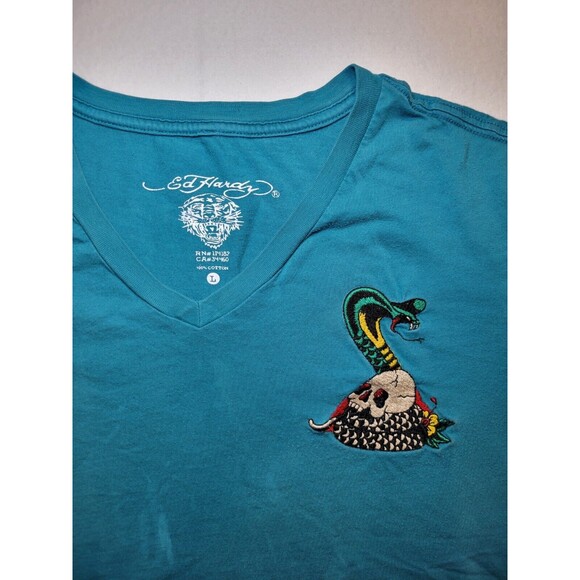 Ed Hardy Cobra Rose Skull Embroidered V-Neck Teal Double-sided Womans Large - Picture 2 of 7